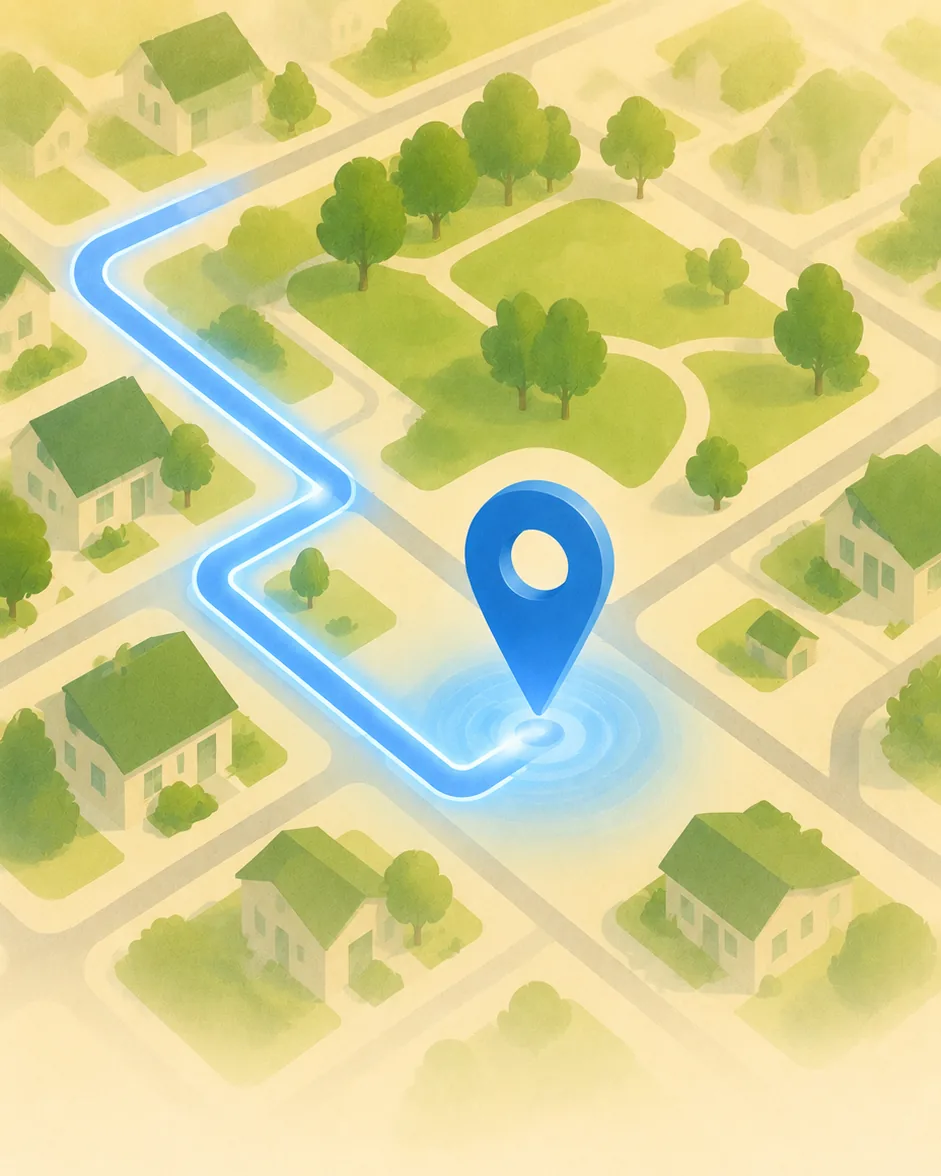 A single walking route traced in glowing blue across a neighbourhood map, ending at a location pin